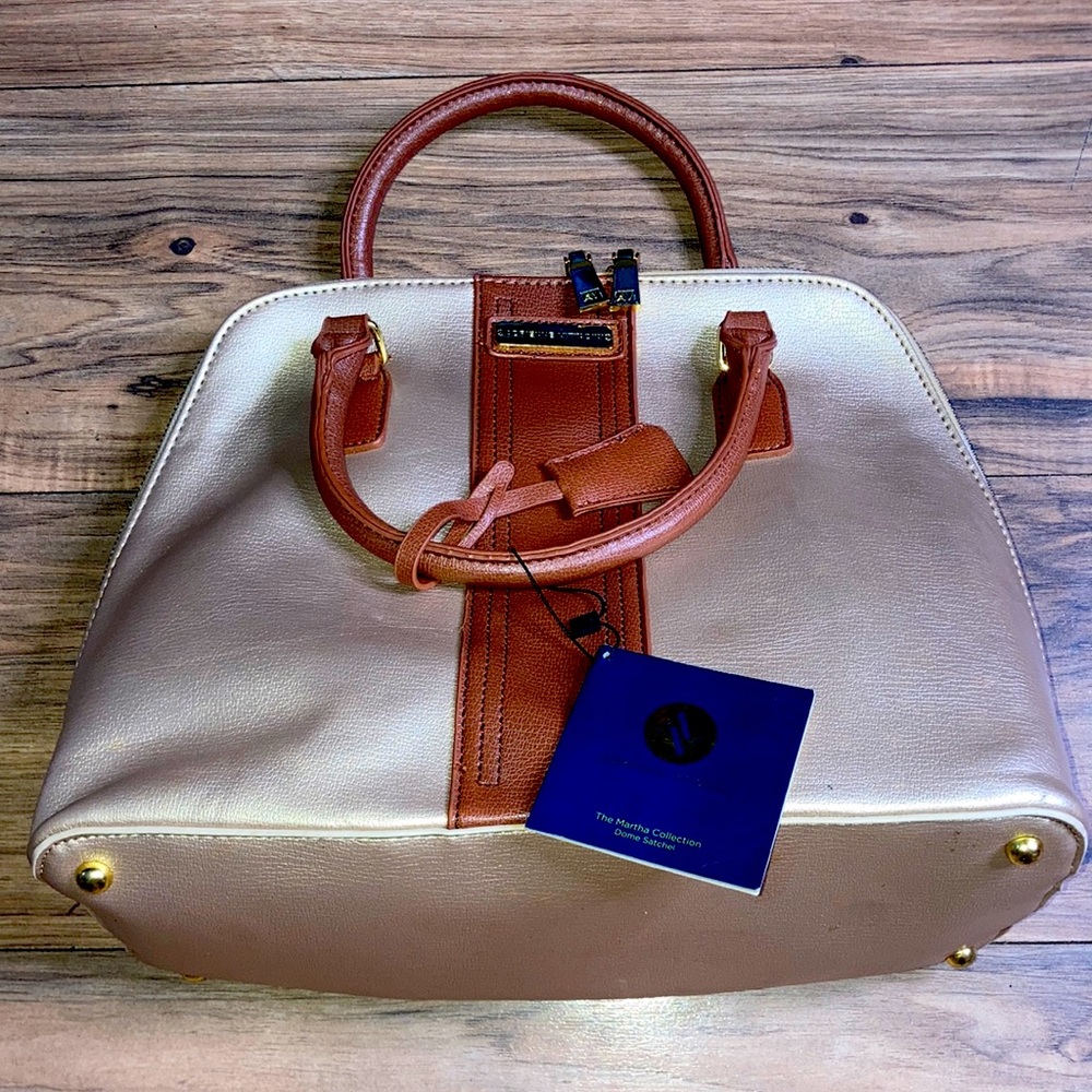 Adrienne Vittadini Dome Satchel Hand bag Women’s Purse Golden Brown NEW Gold